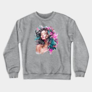 Boho Chic Goddess, Enchanting Feather Headdress Woman (Teal, Pink, and Gray) Crewneck Sweatshirt